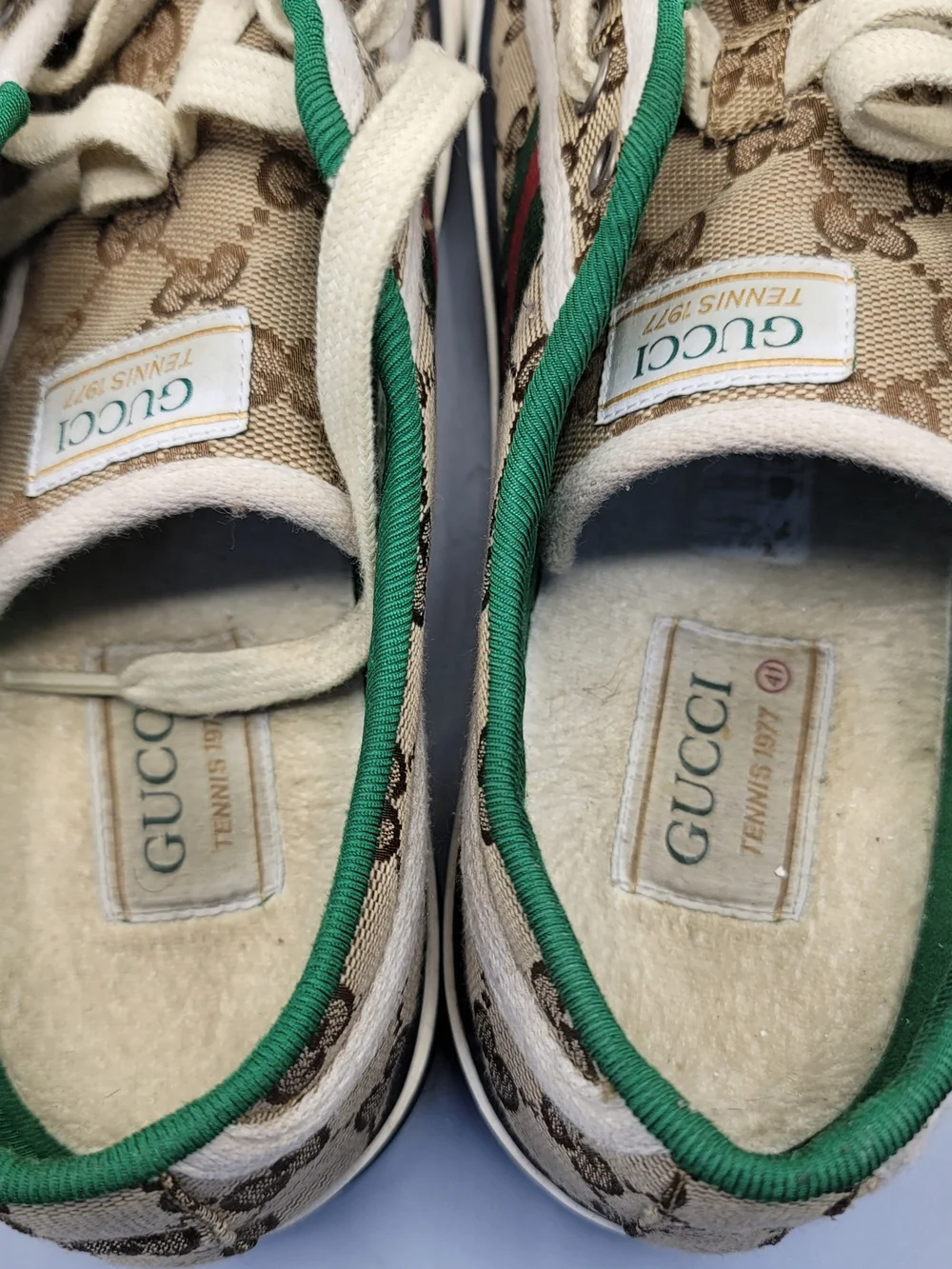 Gucci Tennis 1977 Web GG Monogram Mens Beige White Sneakers